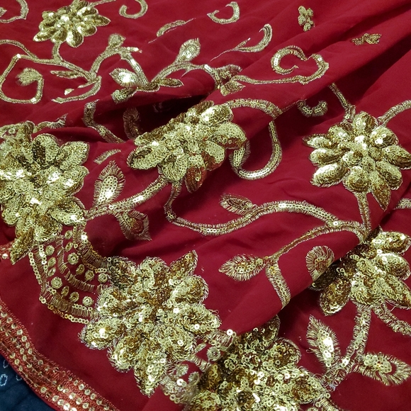 Red sequin saree sari Indian dress - Picture 3 of 5